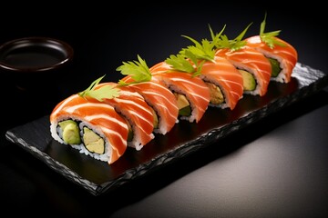 Minimalist Sushi Arrangement on Dark Slate Plate