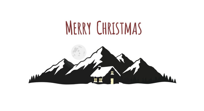 Cozy cabin nestled amongst snowy mountains under a full moon with merry christmas text