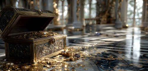 Luxurious chamber with gold treasures. An open chest overflows with golden coins. Sparkling gems and coins are scattered on the floor. Light rays shine down highlighting wealth and riches.