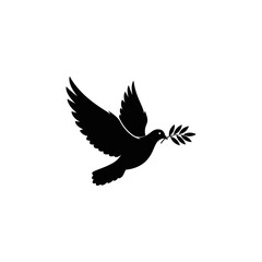 Black dove symbolizing peace with olive branch. Suitable for designs promoting harmony, unity, hope, reconciliation, peace activism, or dove symbolism.