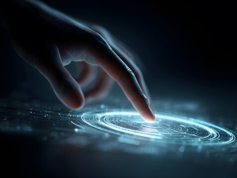 A hand presses a finger towards a glowing circular interface with concentric rings, illuminating the darkness. The digital, futuristic, and abstract concept suggests technology or data processing.