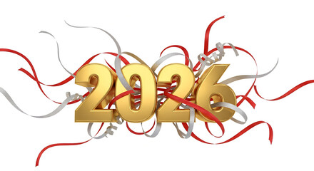 3D golden “2026” typography surrounded by red and silver mixed ribbons on white background