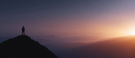 Concept of success silhouette of man standing on mountain top with sunrise behind, motivational tone,
