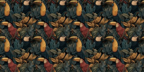 Vibrant tropical jungle pattern with exotic toucans amidst lush green and golden foliage, creating a maximalist rainforest design background