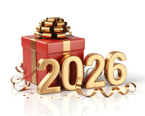 Golden 2026 numbers and red gift box with ribbon and confetti celebrating new year on white background