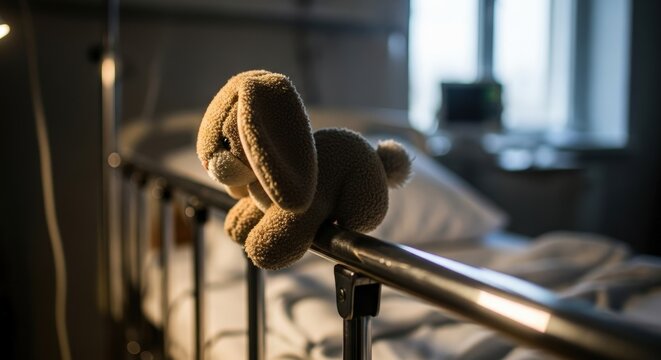 Small stuffed bunny toy resting on hospital bed railing symbolizing hope and comfort for sick child