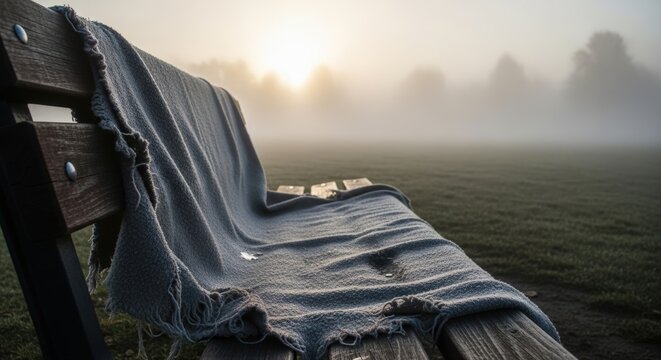 Cozy blanket draped over wooden park bench in misty foggy morning sunrise with soft golden light illuminating the tranquil landscape