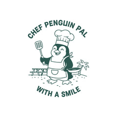 Funny penguin character in chef uniform for seasonal vacation design. Professional cook graphic ideal for summer BBQ party prints and apparel.