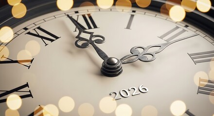 Elegant clock face with bokeh lights signals arrival of new year 2026 celebration