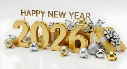 Golden 2026 typhography with happy new year text and festive decorations celebrating 