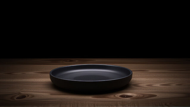 Black empty plate on wooden table with dark background, minimalistic kitchenware scene with soft lighting and natural wood texture, cozy and calm atmosphere - Powered by Adobe