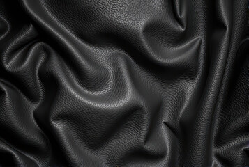 Fototapeta premium Black leather texture with soft folds and wrinkles, creating luxurious and tactile surface with subtle light reflections and high detail