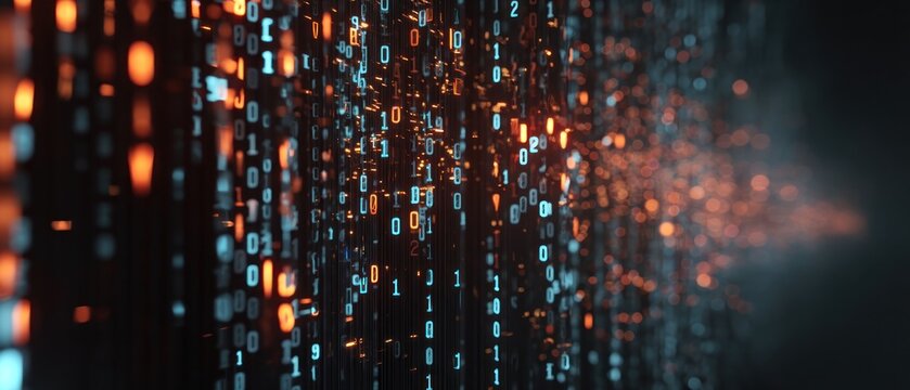 Abstract digital data stream with binary code numbers and dark background