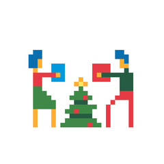 Fototapeta premium Pixel art illustration of couple exchanging Christmas gifts near decorated tree. Festive minimal 8-bit winter scene love, friendship, and cozy holiday atmosphere.