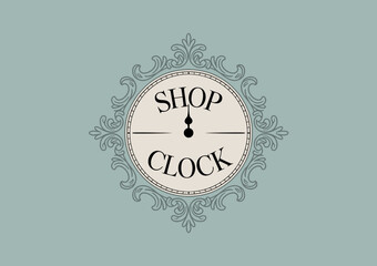 An elegantly designed vintage shop clock featuring intricate framing and clear labeling, ideal for representing retail spaces and the passage of time in commerce.