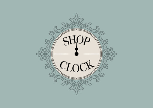 An elegantly designed vintage shop clock featuring intricate framing and clear labeling, ideal for representing retail spaces and the passage of time in commerce.