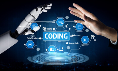 A captivating image illustrating the interaction between a robot hand and a human hand, emphasizing coding concepts with digital icons related to software and development. Tessel