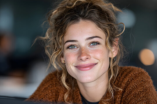 Young woman smiling at camera, having engaging conversation during online video conference, expressing happiness and optimism in modern corporate environment