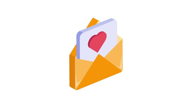 Heart symbol on page inside envelope denoting concept icon animation of greetings card, love letter isometric icon animation