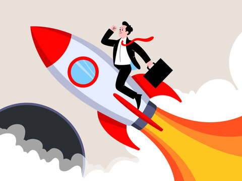 This vibrant image features a man in business attire riding a rocket, expressing enthusiasm and ambition, perfect for representing entrepreneurship and innovation.