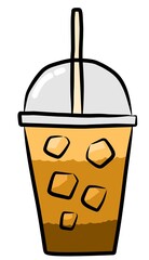 Cute cartoon illustration of iced coffee with ice cubes and straw in a plastic cup.