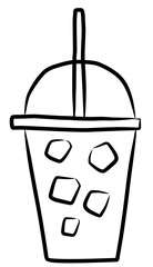 Simple black and white illustration of a cold drink with ice cubes in a takeaway cup.