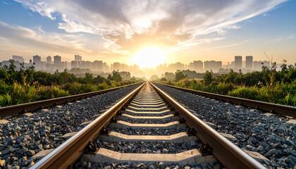 Obraz premium Railway Tracks Sunrise Cityscape