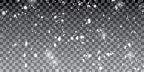 White snow. Falling snowflakes on transparent background. Snowfall. Vector illustration.