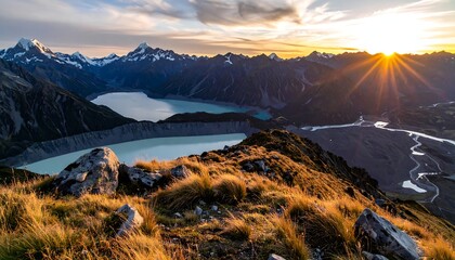 A scenic vista showcasing glacial lakes, majestic mountains, and a radiant sunrise casting golden hues