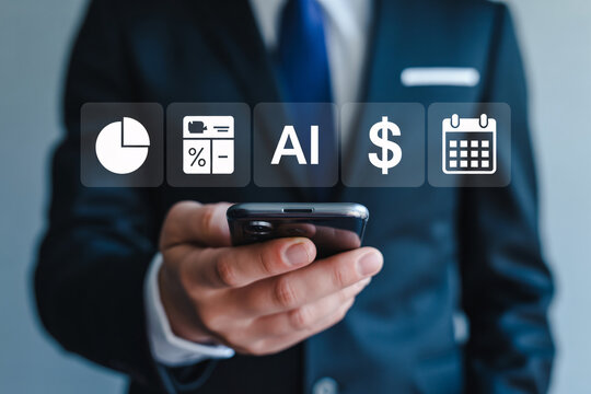 AI on Mobile Phone with Businessman | Data Finance and Schedule Technology for Business Marketing - Powered by Adobe