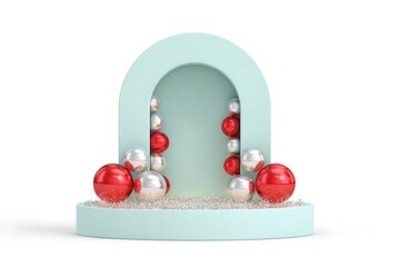 Minimal christmas scene with podium and balls isolated on white background