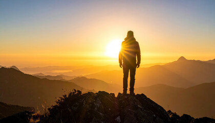 Person stands on mountain peak, silhouetted against vibrant sunrise, evoking sense of adventure and tranquility. expansive view of mountain range and warm glow of sun create breathtaking scene