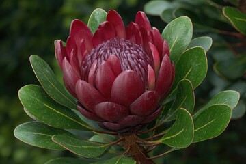 Red King Protea Flower with Green Leaves burgundy