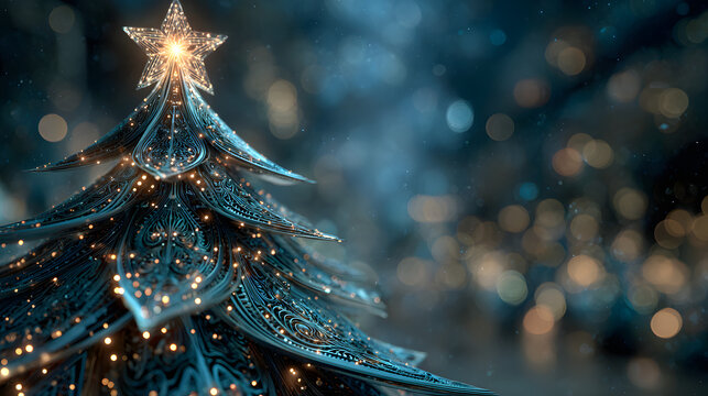A futuristic Christmas tree with circuit details and a glowing star on a blue background with bokeh. Christmas and New Year's concept.