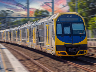 Passenger Train going through Summer Hill train station a suburban Sydney train Station NSW Australia