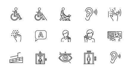 Accessibility icon set, universal access vector symbols for blind, disability, people or visually impaired access the web, tactile paving, elevator, hearing, speech, and touch screen interaction