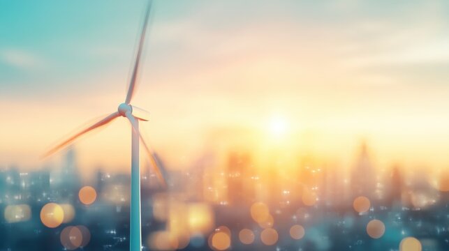Wind turbine against a sunset skyline with city lights in the background