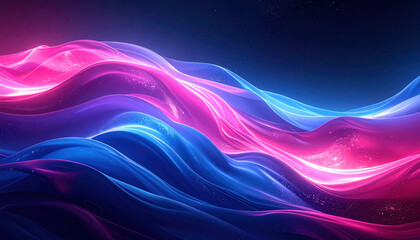Vibrant digital artwork featuring flowing waves of pink and blue light, creating dynamic and futuristic atmosphere. glowing lines and sparkles add sense of motion and energy