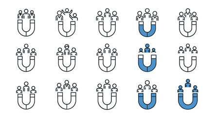 Collection of horseshoe magnet icons attracting people figures, symbolizing customer attraction, lead generation, audience engagement, and marketing strategies. This set includes various outlines and