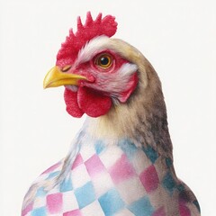 Rooster with red comb and diamond pattern feathers