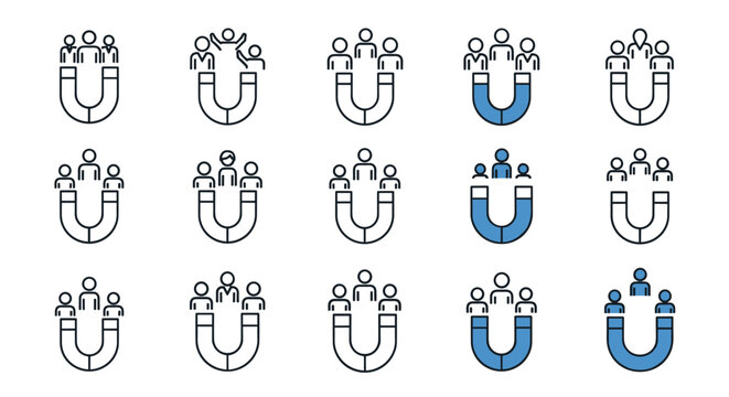 Collection of horseshoe magnet icons attracting people figures, symbolizing customer attraction, lead generation, audience engagement, and marketing strategies. This set includes various outlines and