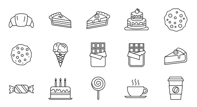 A delightful collection of dessert icons in a clean, minimalist line art style, featuring a croissant, slices of pie, a tiered cake, cookies, ice cream cone, chocolate bars, a wrapped candy