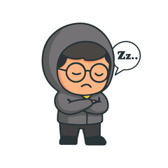 Cute hacker chibi sleeping cartoon illustration. Cyber hacker character in hoodie sleeping with arms crossed. Cartoon hacker mascot asleep for tired programmer concept.