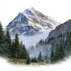 Snow capped mountain peak with pine forest and fog