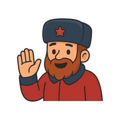 Man waving hand. Friendly soldier greeting with smile. Bearded man wearing red uniform and winter hat.