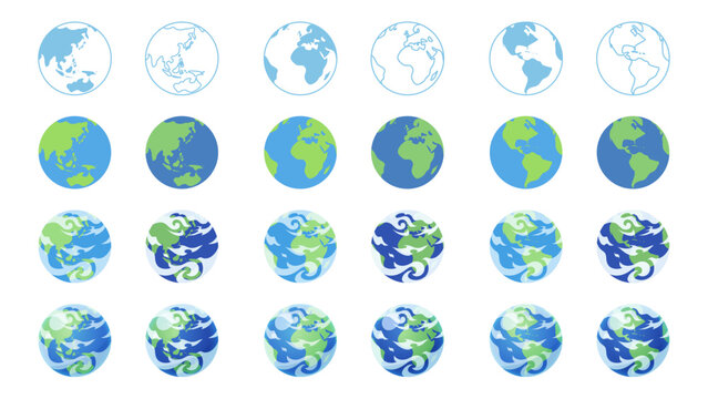 デフォルメされた3種類の角度の地球のイラスト素材セット
