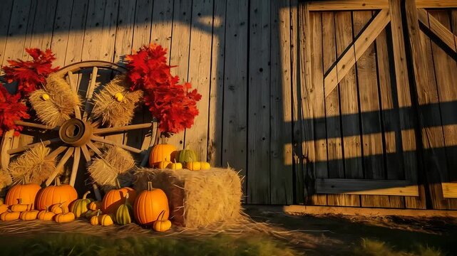Rustic autumn decor with pumpkins, hay bales, and an old wheel against a barn wall, ideal for Thanksgiving, Halloween, fall festivals, farm themes, country living promotions.