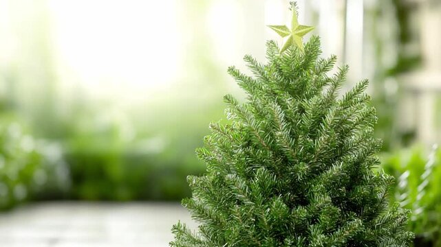 Festive Evergreen: A vibrant evergreen Christmas tree with a star at its apex, bathed in soft, natural light, signifying the warmth and joy of the holiday season.