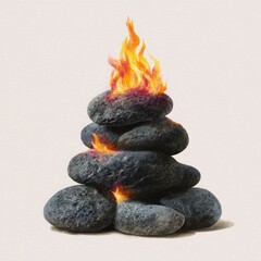 Stacked dark stones with bright orange flames rocks
