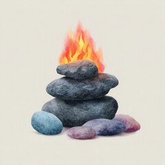 Stacked stones with watercolor flame cairn balanced stones